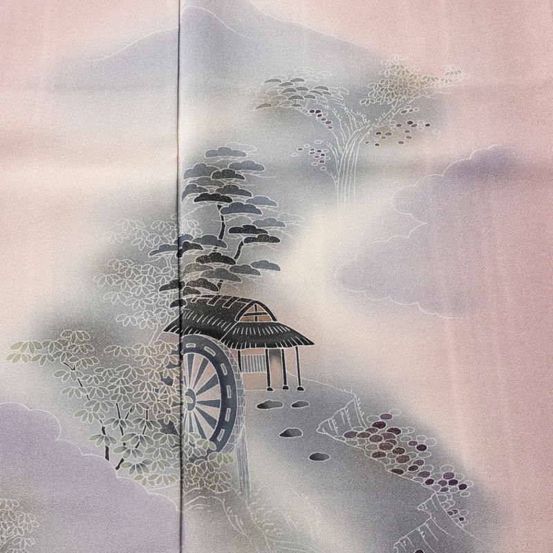 付け下げ 良品 しつけ糸付き 正絹 風景柄 袷仕立て 身丈166.5cm 裄丈66cm リサイクル着物 着物 箔 入学式 卒業式 七五三 お宮参り フォーマル 紫・藤色_画像6