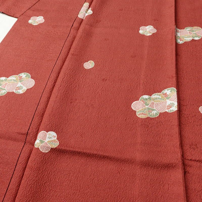 小紋 丹後ちりめん 嵯峨野 縮緬 飛び柄 正絹 花柄 袷仕立て 身丈163.5cm 裄丈65cm リサイクル着物 着物 モダン 小豆・エンジ_画像5
