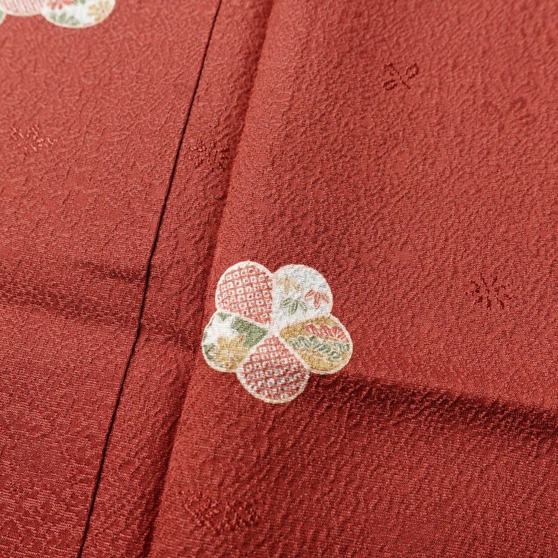 小紋 丹後ちりめん 嵯峨野 縮緬 飛び柄 正絹 花柄 袷仕立て 身丈163.5cm 裄丈65cm リサイクル着物 着物 モダン 小豆・エンジ_画像7