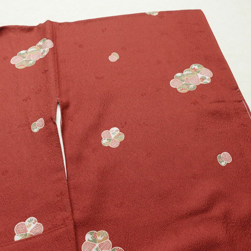 小紋 丹後ちりめん 嵯峨野 縮緬 飛び柄 正絹 花柄 袷仕立て 身丈163.5cm 裄丈65cm リサイクル着物 着物 モダン 小豆・エンジ_画像13