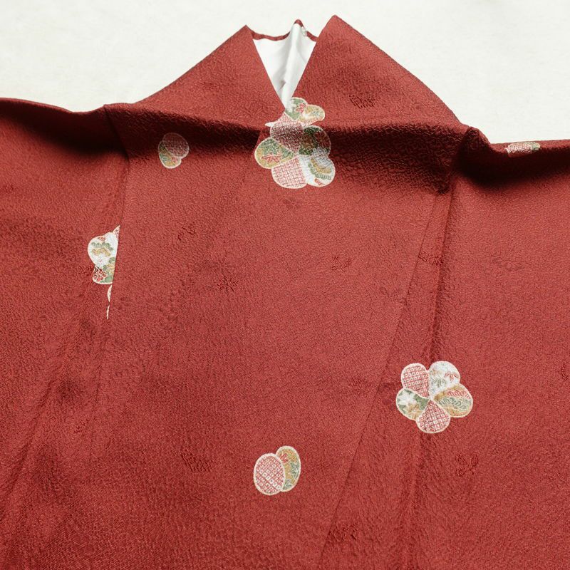 小紋 丹後ちりめん 嵯峨野 縮緬 飛び柄 正絹 花柄 袷仕立て 身丈163.5cm 裄丈65cm リサイクル着物 着物 モダン 小豆・エンジ_画像16