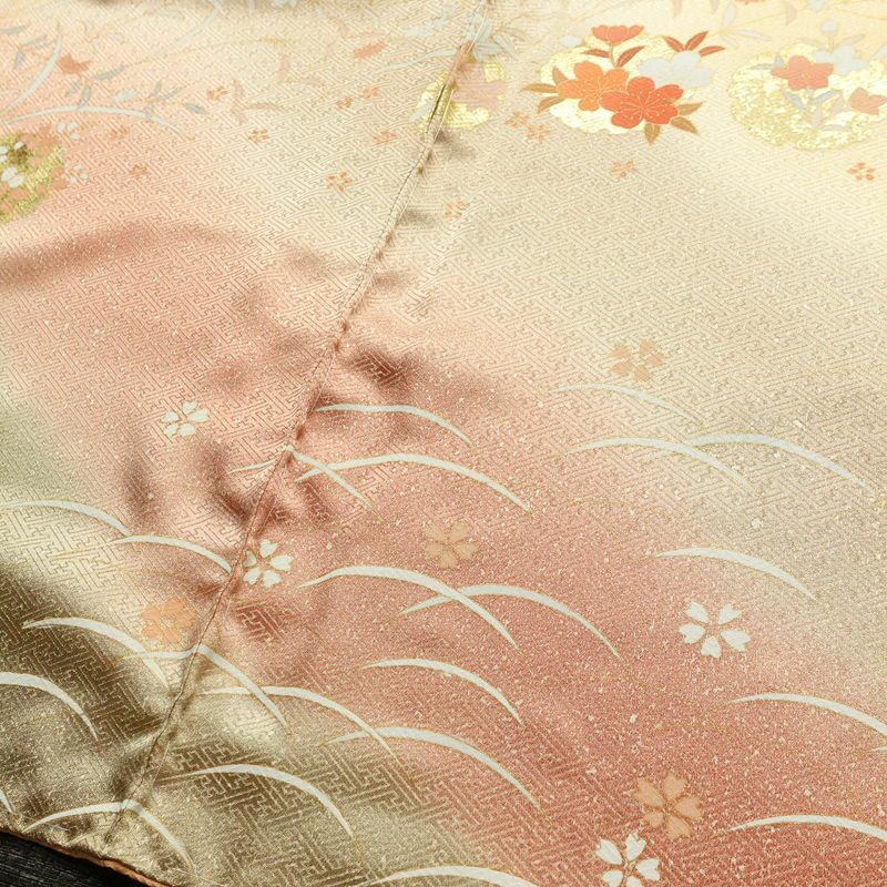 訪問着 良品 しつけ糸付き 綸子 正絹 木の葉・植物柄 袷仕立て 身丈163cm 裄丈67.5cm リサイクル着物 着物 箔 金彩 入学式 卒業式 七五三 お宮参り フォーマル 橙_画像13