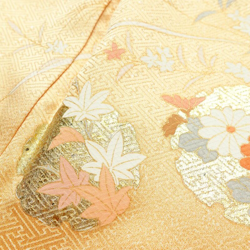 訪問着 良品 しつけ糸付き 綸子 正絹 木の葉・植物柄 袷仕立て 身丈163cm 裄丈67.5cm リサイクル着物 着物 箔 金彩 入学式 卒業式 七五三 お宮参り フォーマル 橙_画像18