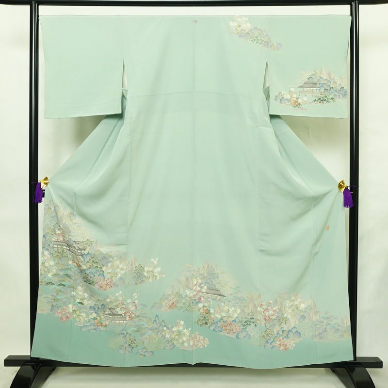 訪問着 良品 落款入り 縮緬 一つ紋付き 正絹 風景柄 袷仕立て 身丈158cm 裄丈67cm リサイクル着物 着物 共八掛 入学式 卒業式 七五三 お宮参り フォーマル 上品 緑・うぐいす色_画像1