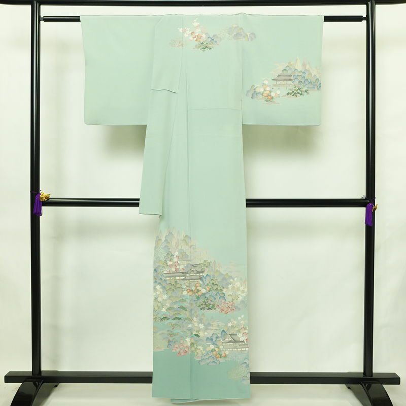 訪問着 良品 落款入り 縮緬 一つ紋付き 正絹 風景柄 袷仕立て 身丈158cm 裄丈67cm リサイクル着物 着物 共八掛 入学式 卒業式 七五三 お宮参り フォーマル 上品 緑・うぐいす色_画像2