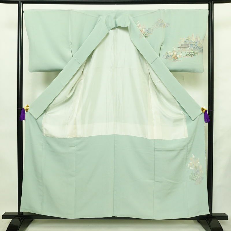 訪問着 良品 落款入り 縮緬 一つ紋付き 正絹 風景柄 袷仕立て 身丈158cm 裄丈67cm リサイクル着物 着物 共八掛 入学式 卒業式 七五三 お宮参り フォーマル 上品 緑・うぐいす色_画像3