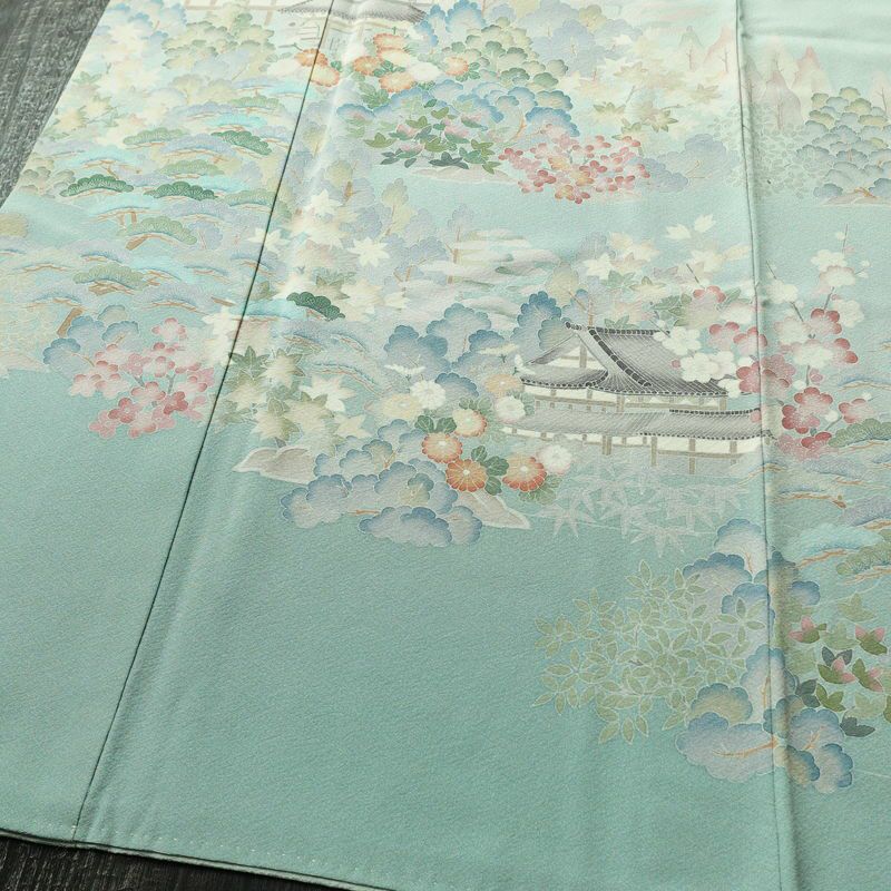 訪問着 良品 落款入り 縮緬 一つ紋付き 正絹 風景柄 袷仕立て 身丈158cm 裄丈67cm リサイクル着物 着物 共八掛 入学式 卒業式 七五三 お宮参り フォーマル 上品 緑・うぐいす色_画像4