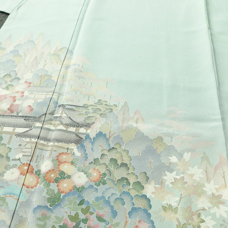 訪問着 良品 落款入り 縮緬 一つ紋付き 正絹 風景柄 袷仕立て 身丈158cm 裄丈67cm リサイクル着物 着物 共八掛 入学式 卒業式 七五三 お宮参り フォーマル 上品 緑・うぐいす色_画像5