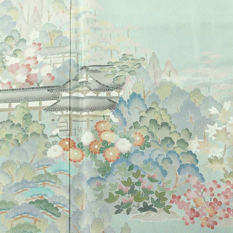 訪問着 良品 落款入り 縮緬 一つ紋付き 正絹 風景柄 袷仕立て 身丈158cm 裄丈67cm リサイクル着物 着物 共八掛 入学式 卒業式 七五三 お宮参り フォーマル 上品 緑・うぐいす色_画像6
