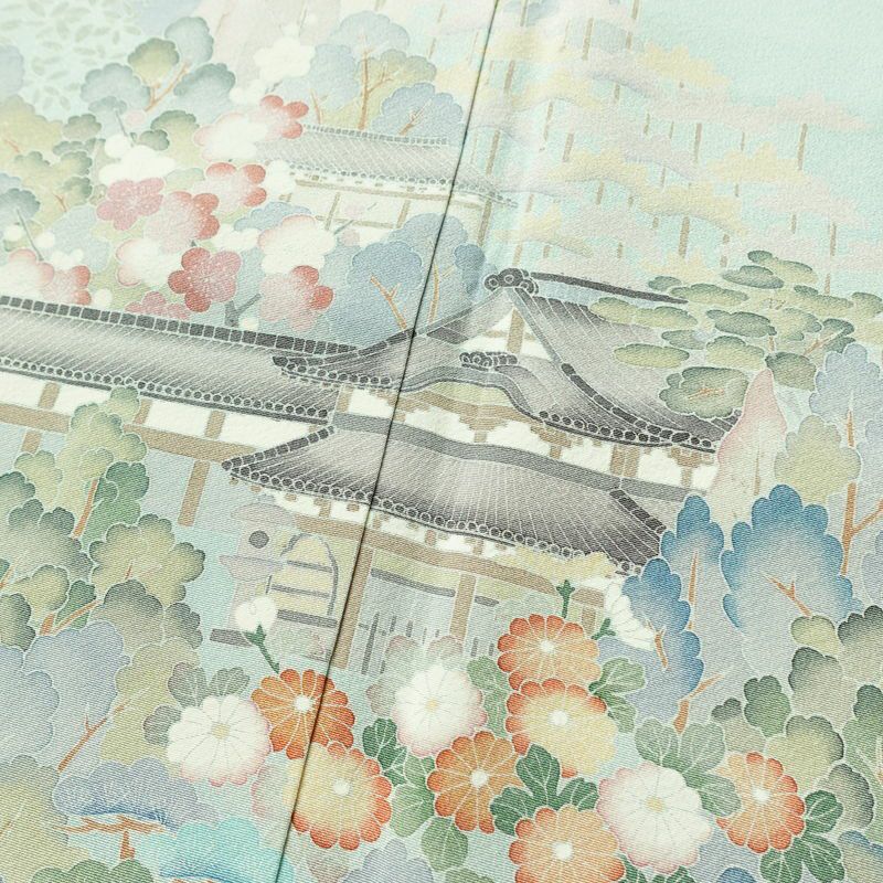 訪問着 良品 落款入り 縮緬 一つ紋付き 正絹 風景柄 袷仕立て 身丈158cm 裄丈67cm リサイクル着物 着物 共八掛 入学式 卒業式 七五三 お宮参り フォーマル 上品 緑・うぐいす色_画像7