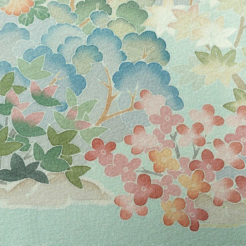 訪問着 良品 落款入り 縮緬 一つ紋付き 正絹 風景柄 袷仕立て 身丈158cm 裄丈67cm リサイクル着物 着物 共八掛 入学式 卒業式 七五三 お宮参り フォーマル 上品 緑・うぐいす色_画像8