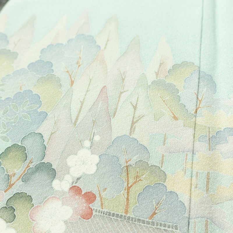 訪問着 良品 落款入り 縮緬 一つ紋付き 正絹 風景柄 袷仕立て 身丈158cm 裄丈67cm リサイクル着物 着物 共八掛 入学式 卒業式 七五三 お宮参り フォーマル 上品 緑・うぐいす色_画像9