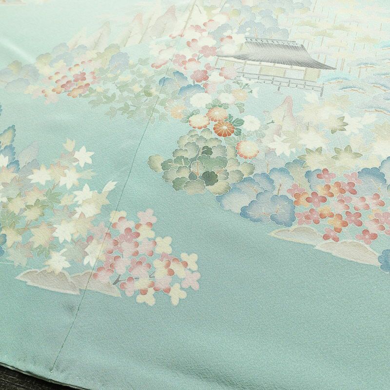 訪問着 良品 落款入り 縮緬 一つ紋付き 正絹 風景柄 袷仕立て 身丈158cm 裄丈67cm リサイクル着物 着物 共八掛 入学式 卒業式 七五三 お宮参り フォーマル 上品 緑・うぐいす色_画像12