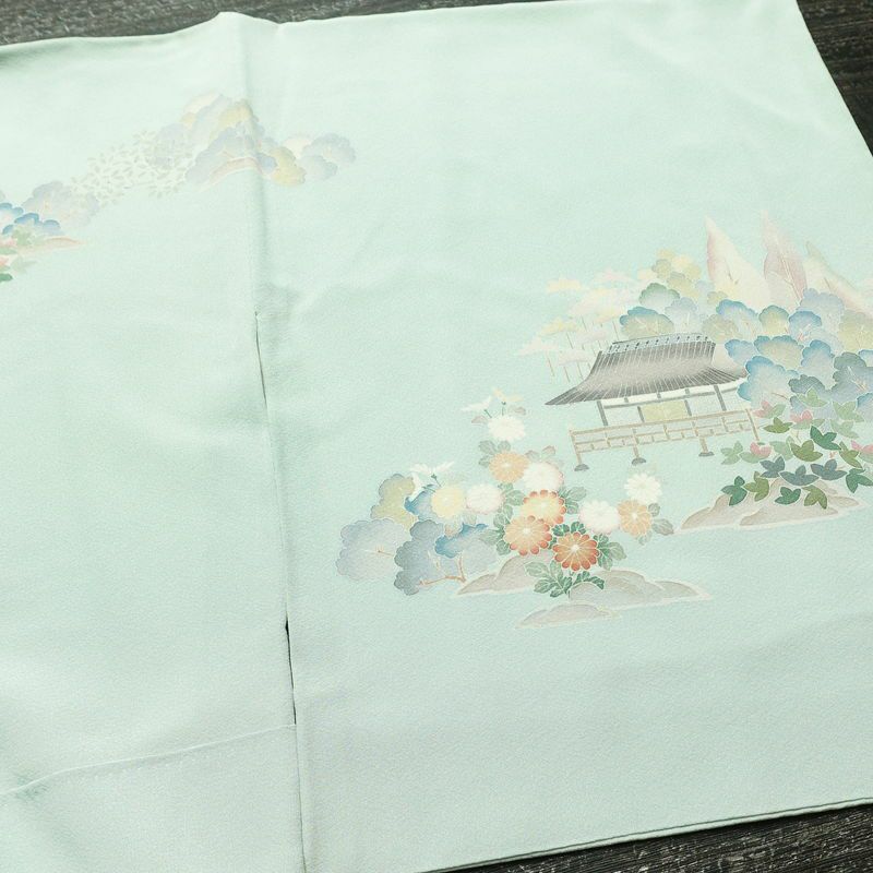 訪問着 良品 落款入り 縮緬 一つ紋付き 正絹 風景柄 袷仕立て 身丈158cm 裄丈67cm リサイクル着物 着物 共八掛 入学式 卒業式 七五三 お宮参り フォーマル 上品 緑・うぐいす色_画像15