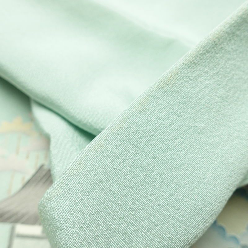 訪問着 良品 落款入り 縮緬 一つ紋付き 正絹 風景柄 袷仕立て 身丈158cm 裄丈67cm リサイクル着物 着物 共八掛 入学式 卒業式 七五三 お宮参り フォーマル 上品 緑・うぐいす色_画像17