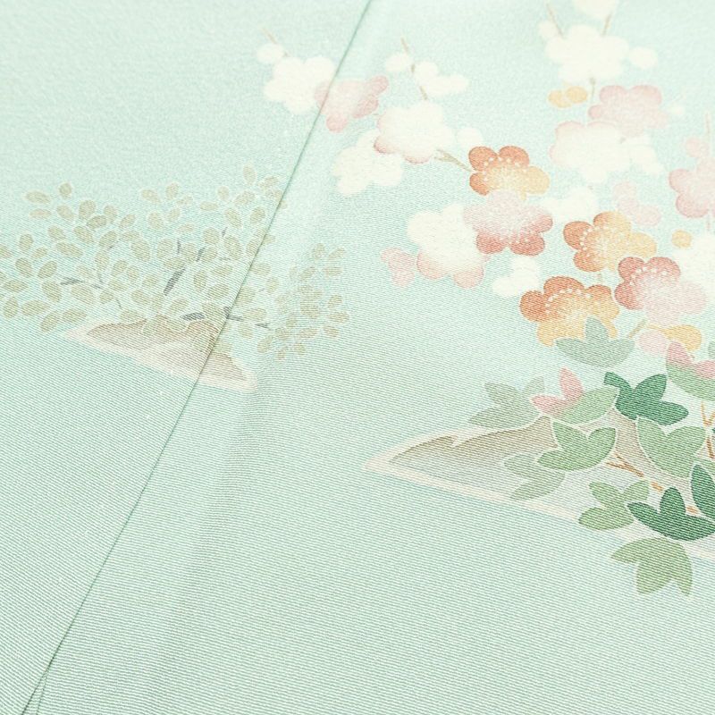 訪問着 良品 落款入り 縮緬 一つ紋付き 正絹 風景柄 袷仕立て 身丈158cm 裄丈67cm リサイクル着物 着物 共八掛 入学式 卒業式 七五三 お宮参り フォーマル 上品 緑・うぐいす色_画像19