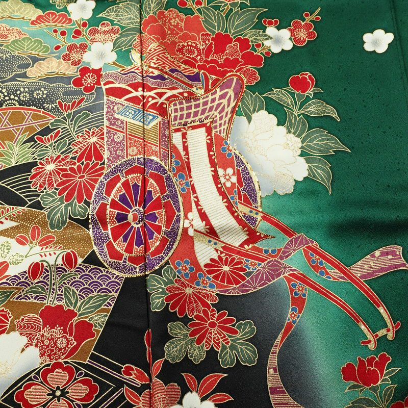 振袖 正絹 古典柄 袷仕立て 身丈161cm 裄丈63cm リサイクル着物 着物 箔 金彩 結婚式 成人式 二十歳 二十歳の集い パーティー フォーマル 華やか 菊 緑・うぐいす色_画像6