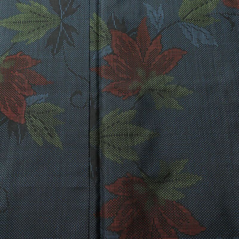 大島紬 良品 証紙なし しつけ糸付き 正絹 木の葉・植物柄 袷仕立て 身丈158.5cm 裄丈64.5cm リサイクル着物 着物 青・紺_画像6