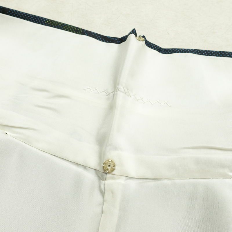 大島紬 良品 証紙なし しつけ糸付き 正絹 木の葉・植物柄 袷仕立て 身丈158.5cm 裄丈64.5cm リサイクル着物 着物 青・紺_画像19