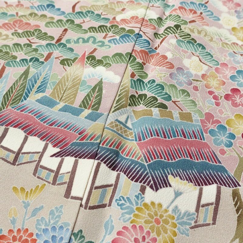 色留袖 美品 落款入り 縮緬 三つ紋付き 正絹 風景柄 袷仕立て 身丈163.5cm 裄丈66.5cm リサイクル着物 一部しつけ糸付き 着物 結婚式 パーティー フォーマル 松 ピンク_画像7