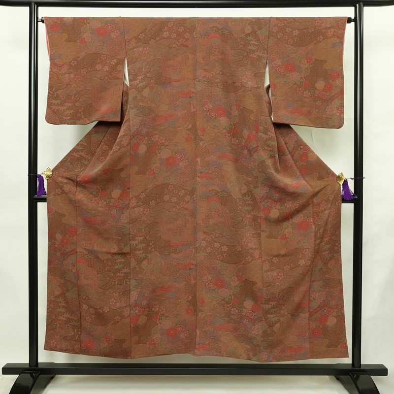 小紋 縮緬 正絹 古典柄 袷仕立て 身丈151.5cm 裄丈64cm リサイクル着物 着物 茶_画像1