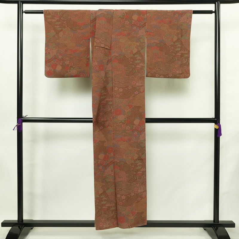 小紋 縮緬 正絹 古典柄 袷仕立て 身丈151.5cm 裄丈64cm リサイクル着物 着物 茶_画像2