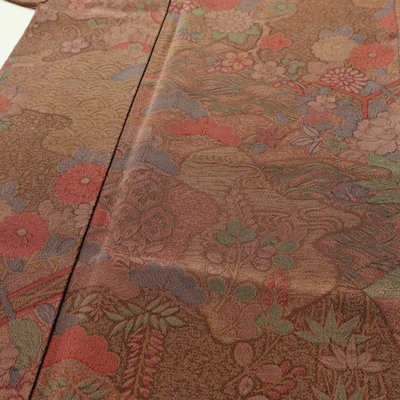 小紋 縮緬 正絹 古典柄 袷仕立て 身丈151.5cm 裄丈64cm リサイクル着物 着物 茶_画像5