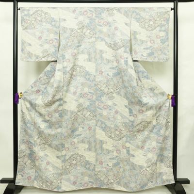 小紋 良品 しつけ糸付き 正絹 古典柄 袷仕立て 身丈162.5cm 裄丈65.5cm リサイクル着物 着物 青・紺