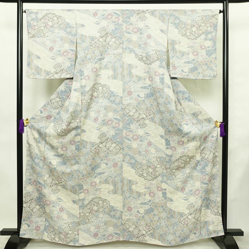 小紋 良品 しつけ糸付き 正絹 古典柄 袷仕立て 身丈162.5cm 裄丈65.5cm リサイクル着物 着物 青・紺_画像1