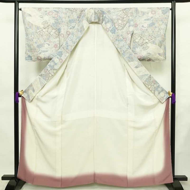 小紋 良品 しつけ糸付き 正絹 古典柄 袷仕立て 身丈162.5cm 裄丈65.5cm リサイクル着物 着物 青・紺_画像3