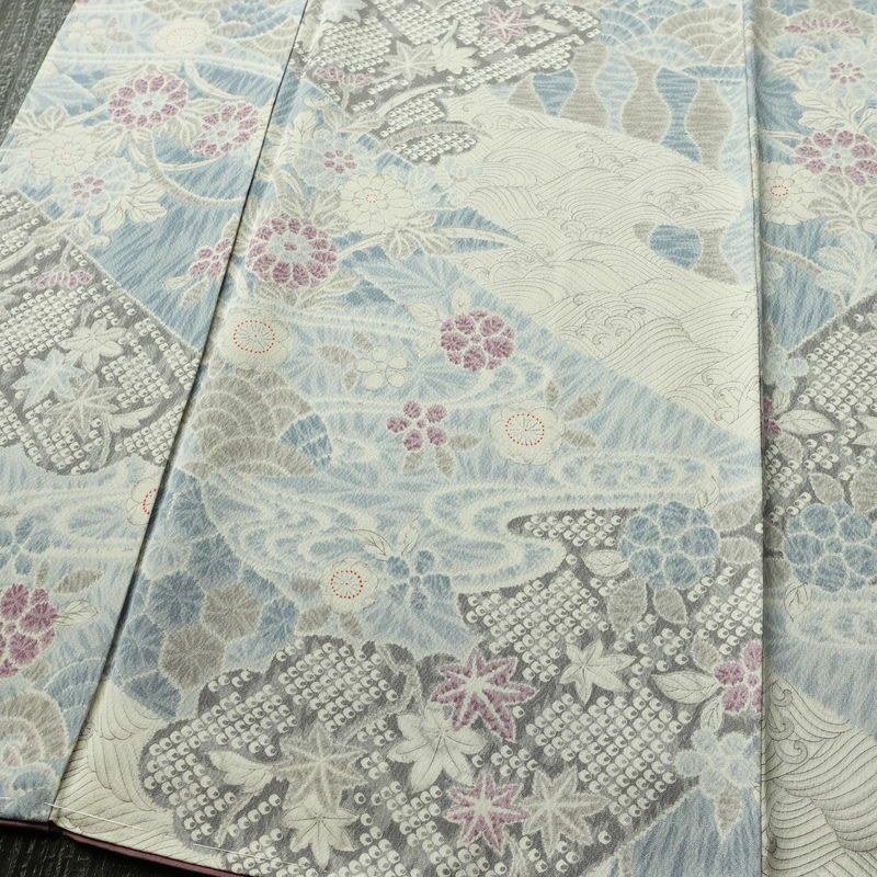 小紋 良品 しつけ糸付き 正絹 古典柄 袷仕立て 身丈162.5cm 裄丈65.5cm リサイクル着物 着物 青・紺_画像4