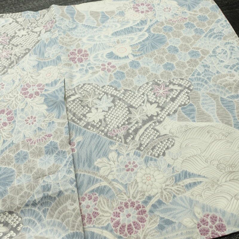 小紋 良品 しつけ糸付き 正絹 古典柄 袷仕立て 身丈162.5cm 裄丈65.5cm リサイクル着物 着物 青・紺_画像13