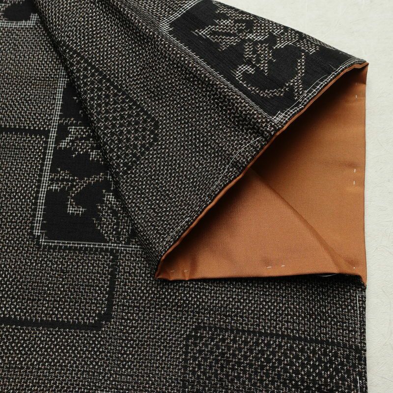 紬 良品 正絹 木の葉・植物柄 袷仕立て 身丈161.5cm 裄丈63cm リサイクル着物 着物 茶_画像14