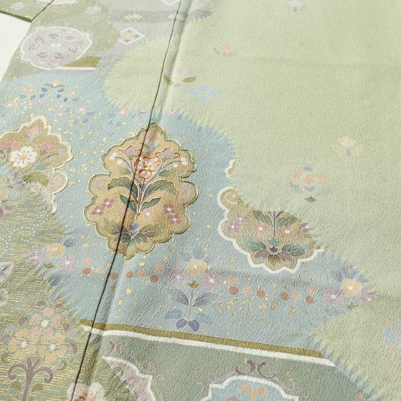 訪問着 落款入り 絞り 金駒刺繍 正絹 花柄 袷仕立て 身丈159.5cm 裄丈63.5cm リサイクル着物 着物 箔 金彩 入学式 卒業式 七五三 お宮参り フォーマル 緑・うぐいす色_画像5