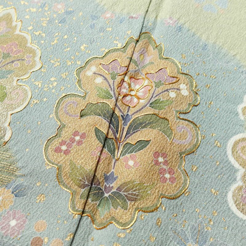 訪問着 落款入り 絞り 金駒刺繍 正絹 花柄 袷仕立て 身丈159.5cm 裄丈63.5cm リサイクル着物 着物 箔 金彩 入学式 卒業式 七五三 お宮参り フォーマル 緑・うぐいす色_画像7
