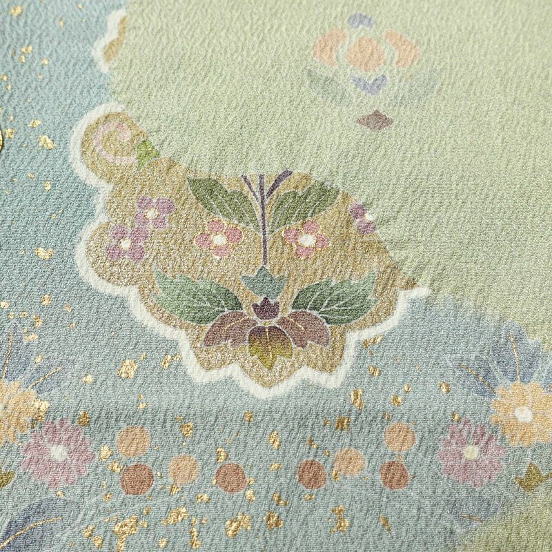 訪問着 落款入り 絞り 金駒刺繍 正絹 花柄 袷仕立て 身丈159.5cm 裄丈63.5cm リサイクル着物 着物 箔 金彩 入学式 卒業式 七五三 お宮参り フォーマル 緑・うぐいす色_画像8