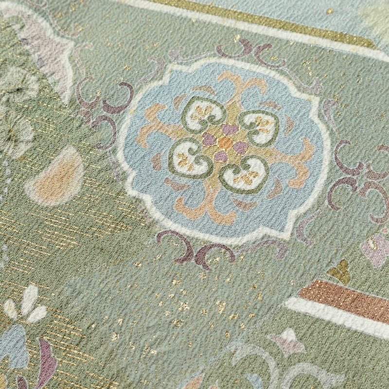 訪問着 落款入り 絞り 金駒刺繍 正絹 花柄 袷仕立て 身丈159.5cm 裄丈63.5cm リサイクル着物 着物 箔 金彩 入学式 卒業式 七五三 お宮参り フォーマル 緑・うぐいす色_画像9