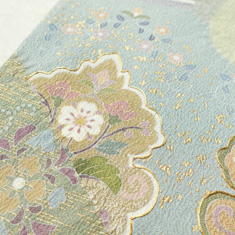 訪問着 落款入り 絞り 金駒刺繍 正絹 花柄 袷仕立て 身丈159.5cm 裄丈63.5cm リサイクル着物 着物 箔 金彩 入学式 卒業式 七五三 お宮参り フォーマル 緑・うぐいす色_画像10