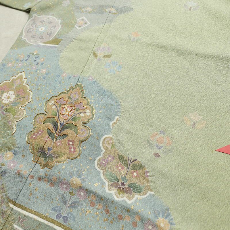 訪問着 落款入り 絞り 金駒刺繍 正絹 花柄 袷仕立て 身丈159.5cm 裄丈63.5cm リサイクル着物 着物 箔 金彩 入学式 卒業式 七五三 お宮参り フォーマル 緑・うぐいす色_画像13