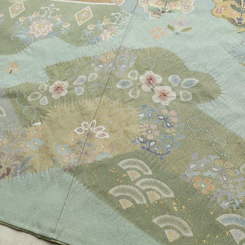 訪問着 落款入り 絞り 金駒刺繍 正絹 花柄 袷仕立て 身丈159.5cm 裄丈63.5cm リサイクル着物 着物 箔 金彩 入学式 卒業式 七五三 お宮参り フォーマル 緑・うぐいす色_画像15