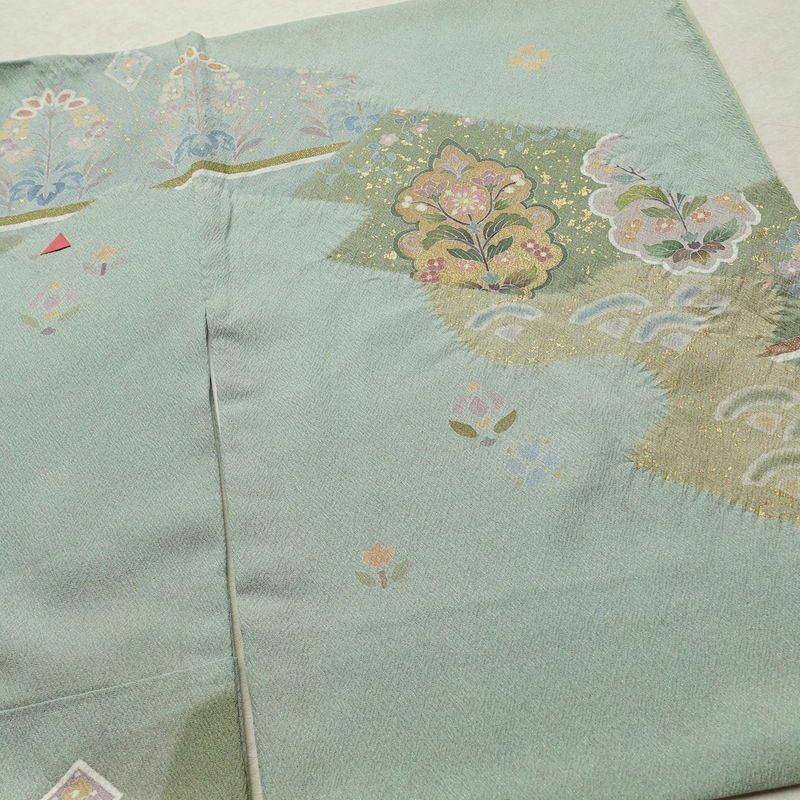 訪問着 落款入り 絞り 金駒刺繍 正絹 花柄 袷仕立て 身丈159.5cm 裄丈63.5cm リサイクル着物 着物 箔 金彩 入学式 卒業式 七五三 お宮参り フォーマル 緑・うぐいす色_画像18