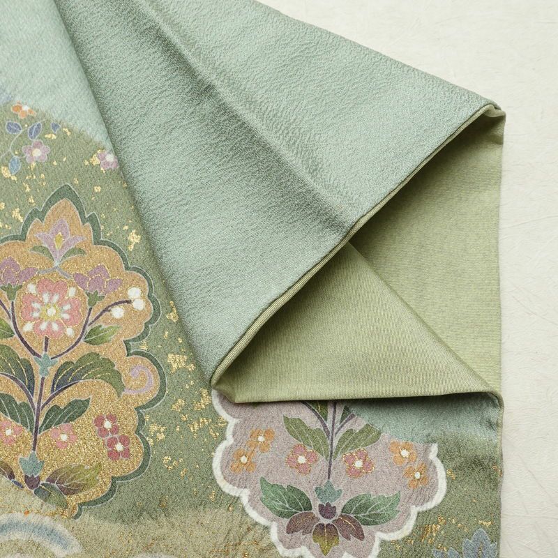 訪問着 落款入り 絞り 金駒刺繍 正絹 花柄 袷仕立て 身丈159.5cm 裄丈63.5cm リサイクル着物 着物 箔 金彩 入学式 卒業式 七五三 お宮参り フォーマル 緑・うぐいす色_画像19