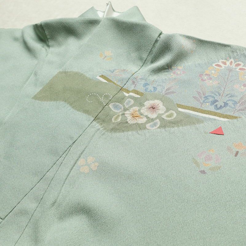 訪問着 落款入り 絞り 金駒刺繍 正絹 花柄 袷仕立て 身丈159.5cm 裄丈63.5cm リサイクル着物 着物 箔 金彩 入学式 卒業式 七五三 お宮参り フォーマル 緑・うぐいす色_画像20