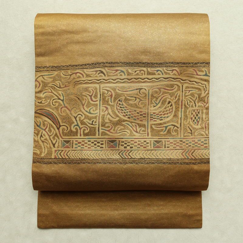 名古屋帯 太鼓柄 正絹 幾何学柄・抽象柄 名古屋仕立て なごや帯 リサイクル帯 帯 モダン 黄・黄土色_画像1