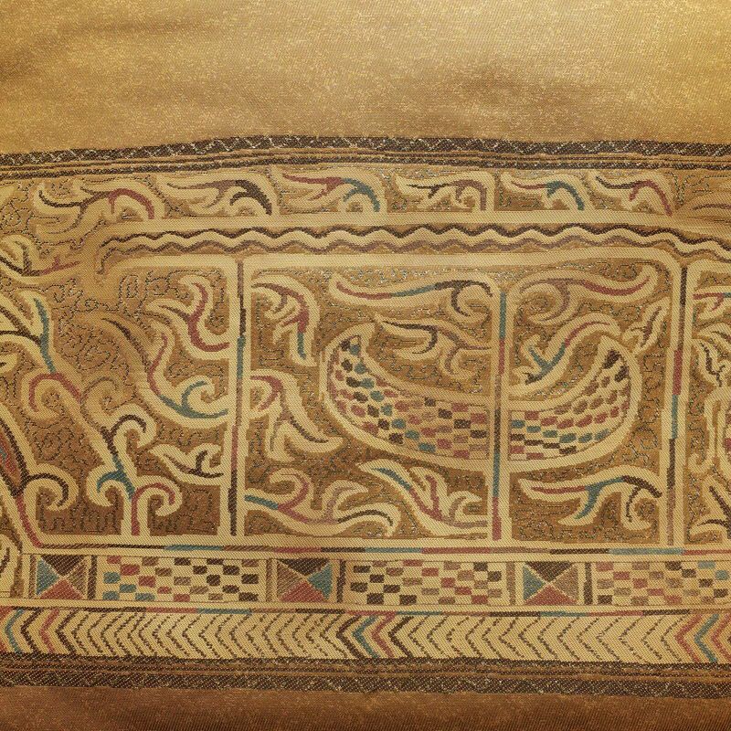 名古屋帯 太鼓柄 正絹 幾何学柄・抽象柄 名古屋仕立て なごや帯 リサイクル帯 帯 モダン 黄・黄土色_画像2