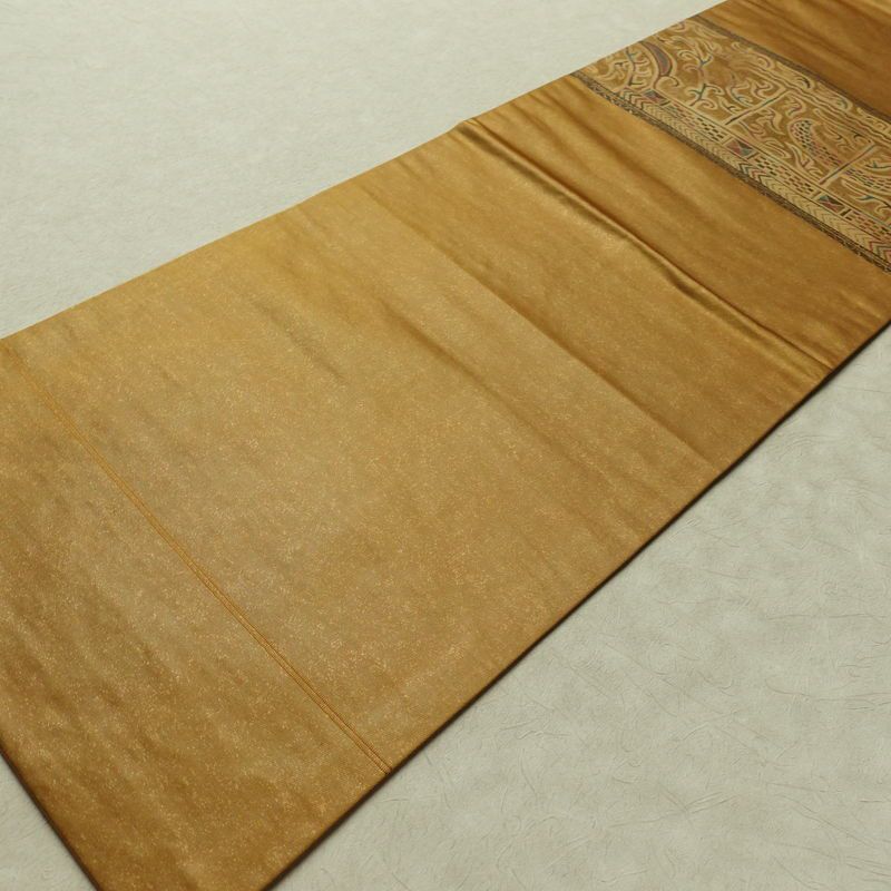 名古屋帯 太鼓柄 正絹 幾何学柄・抽象柄 名古屋仕立て なごや帯 リサイクル帯 帯 モダン 黄・黄土色_画像8