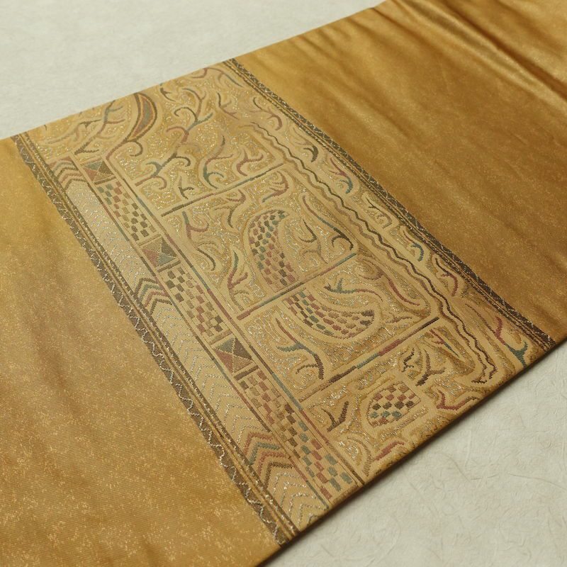 名古屋帯 太鼓柄 正絹 幾何学柄・抽象柄 名古屋仕立て なごや帯 リサイクル帯 帯 モダン 黄・黄土色_画像11