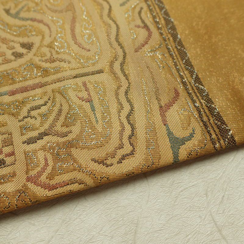 名古屋帯 太鼓柄 正絹 幾何学柄・抽象柄 名古屋仕立て なごや帯 リサイクル帯 帯 モダン 黄・黄土色_画像12