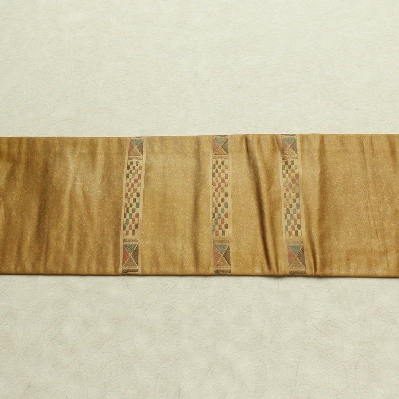 名古屋帯 太鼓柄 正絹 幾何学柄・抽象柄 名古屋仕立て なごや帯 リサイクル帯 帯 モダン 黄・黄土色_画像13