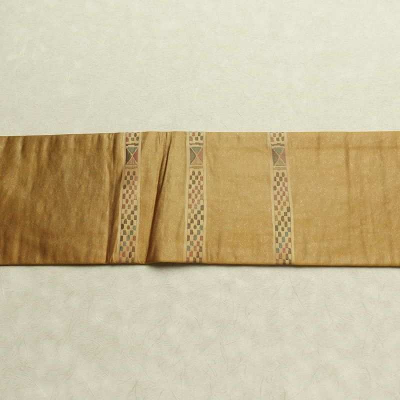 名古屋帯 太鼓柄 正絹 幾何学柄・抽象柄 名古屋仕立て なごや帯 リサイクル帯 帯 モダン 黄・黄土色_画像14